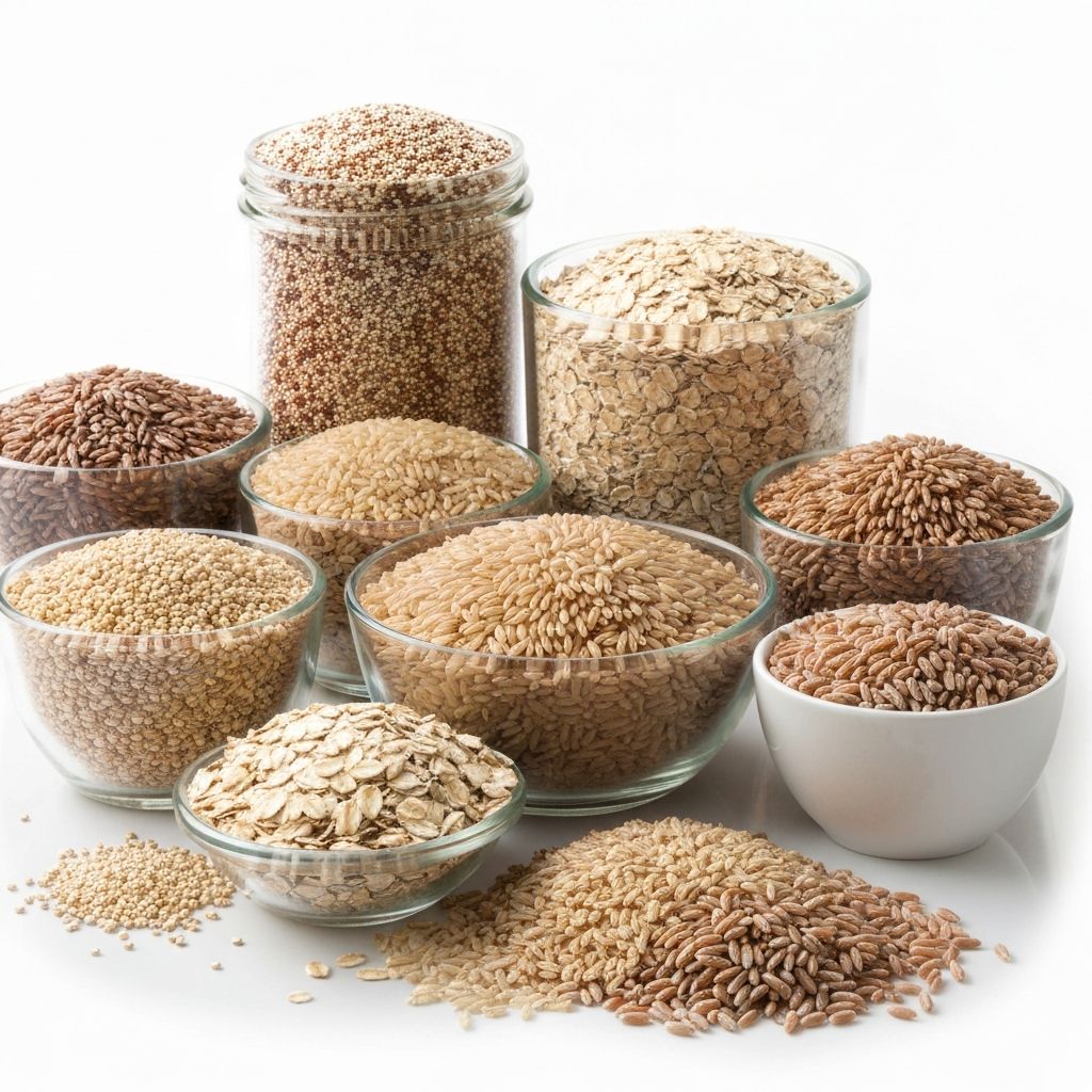 Various whole grains and grain products arranged to show diversity